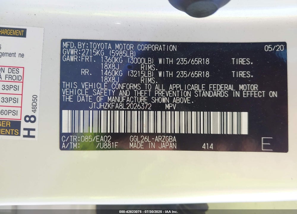 2020 LEXUS RX 350L VIN: JTJHZKFA8L2026372