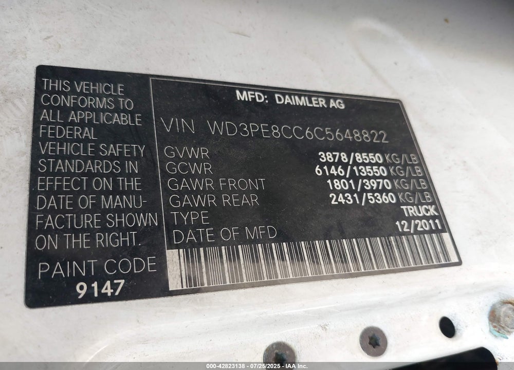 2012 MERCEDES-BENZ SPRINTER 2500 HIGH ROOF VIN: WD3PE8CC6C5648822