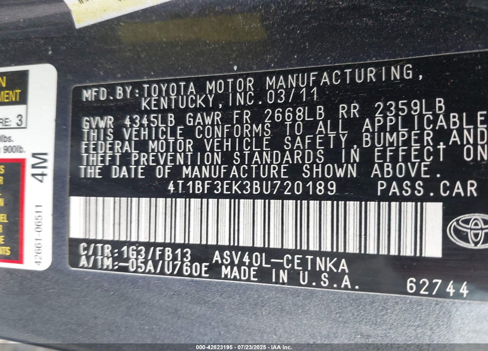 2011 TOYOTA CAMRY VIN: 4T1BF3EK3BU720189
