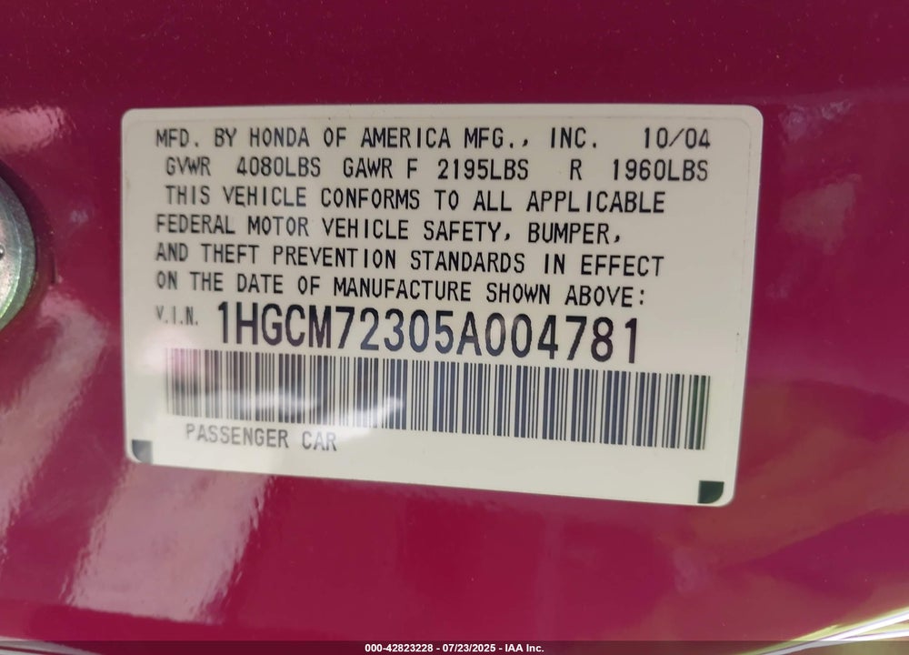 2005 HONDA ACCORD VIN: 1HGCM72305A004781