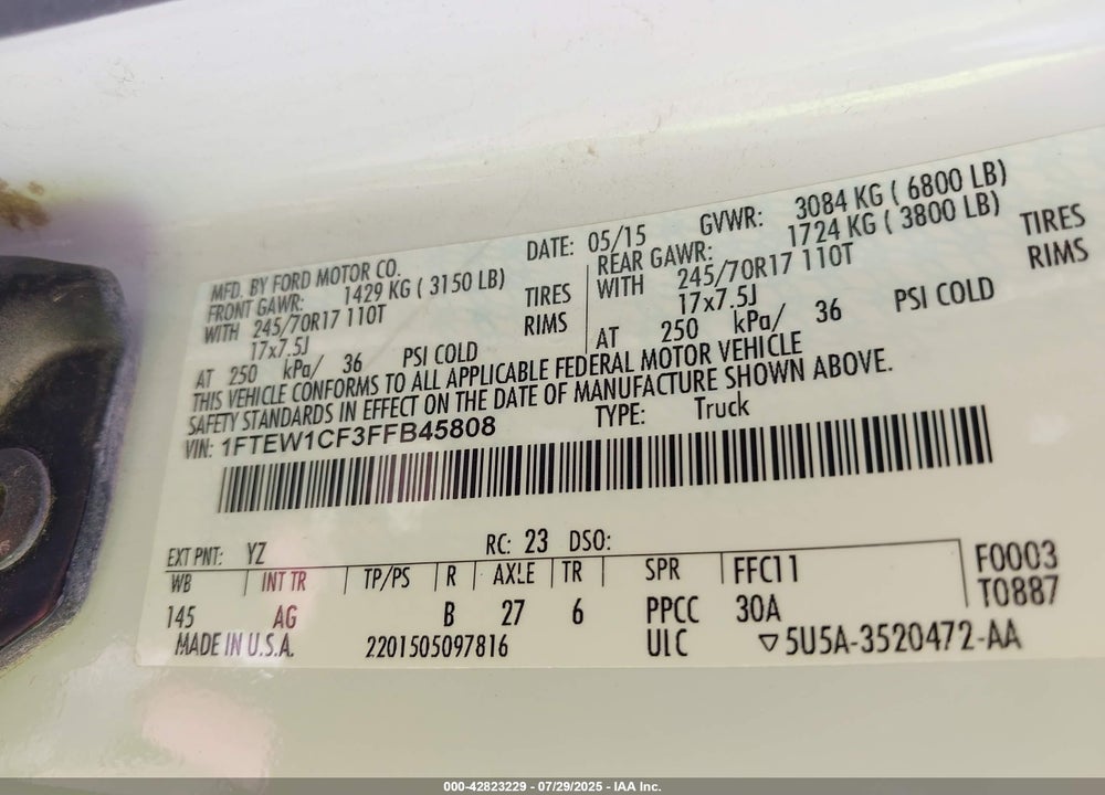 2015 FORD F-150 VIN: 1FTEW1CF3FFB45808