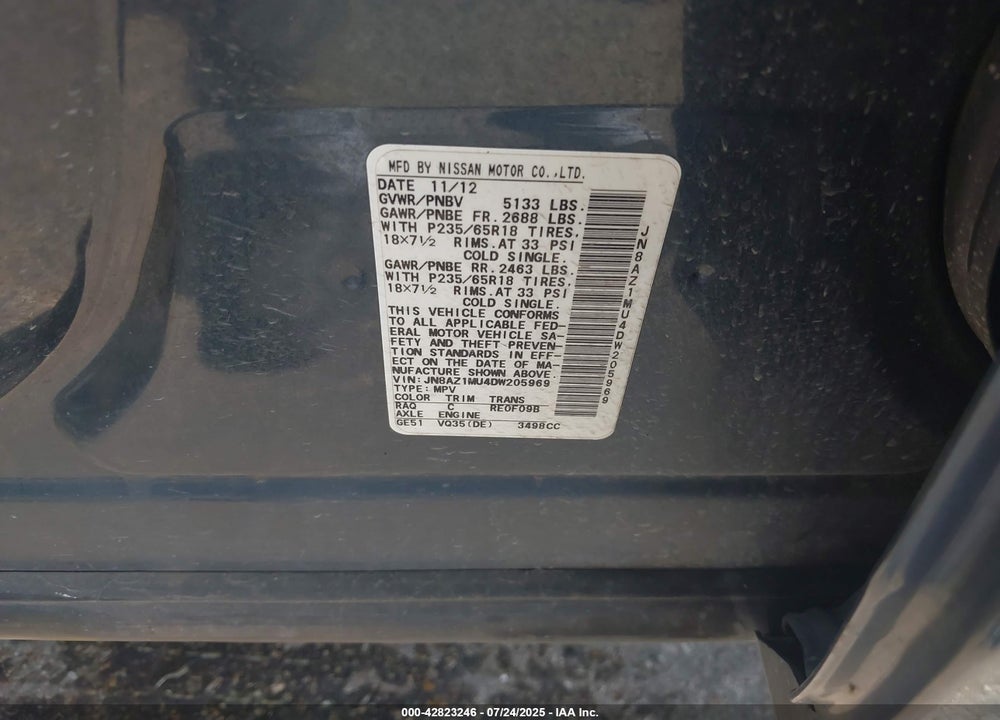 2013 NISSAN MURANO VIN: JN8AZ1MU4DW205969