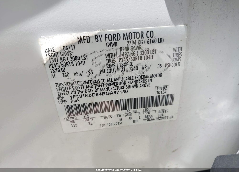2011 FORD EXPLORER VIN: 1FMHK8D84BGA87130