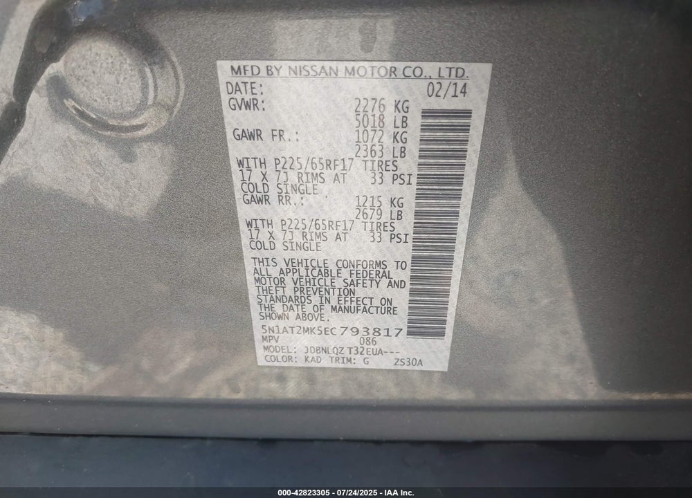 2014 NISSAN ROGUE VIN: 5N1AT2MK5EC793817