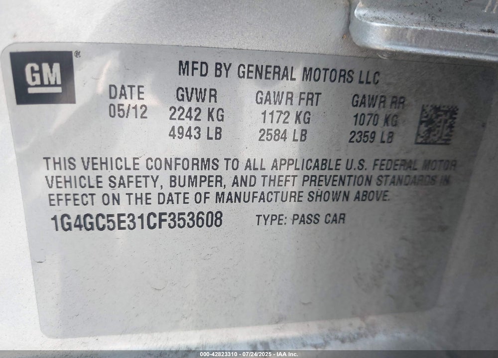 2012 BUICK LACROSSE VIN: 1G4GC5E31CF353608