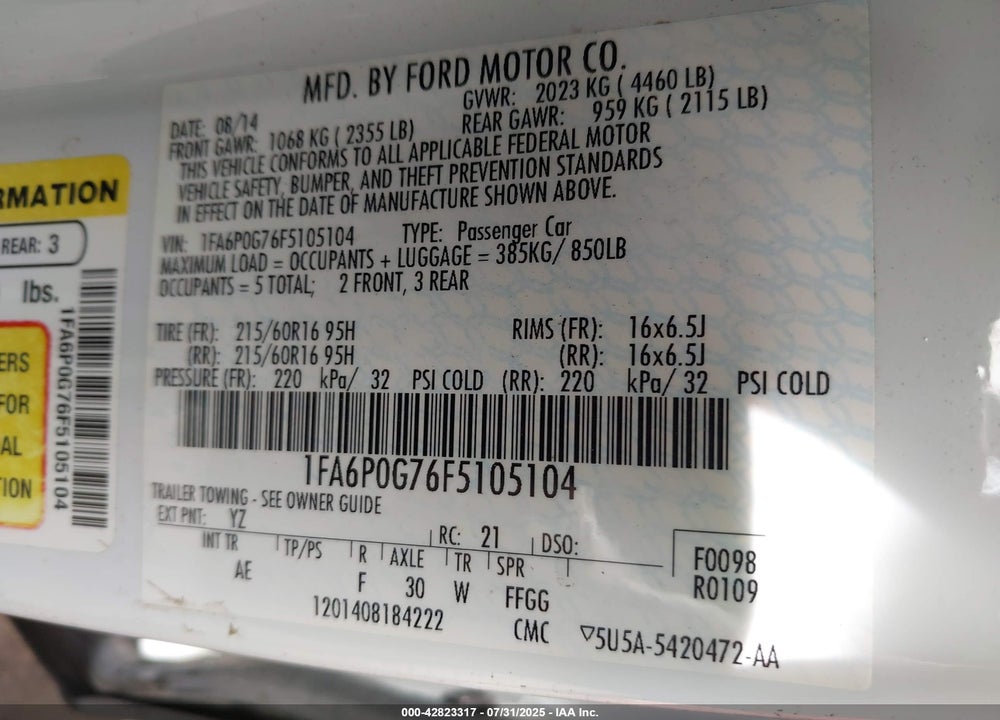 2015 FORD FUSION VIN: 1FA6P0G76F5105104