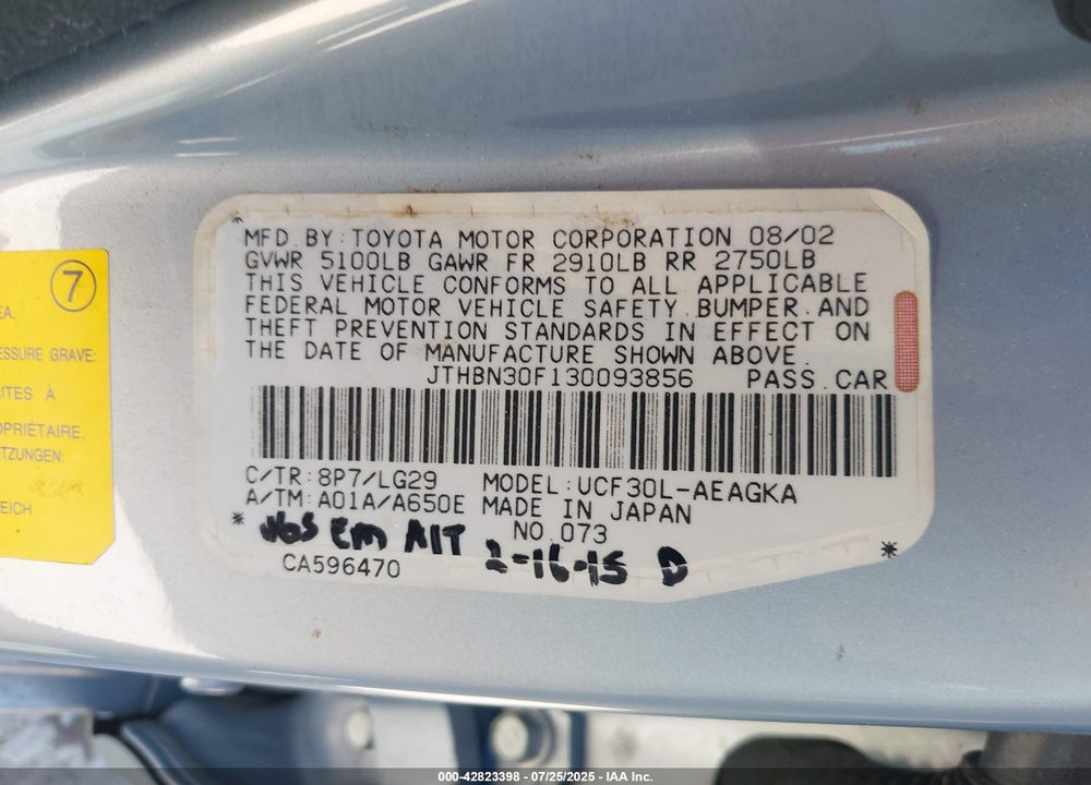2003 LEXUS LS 430 VIN: JTHBN30F130093856