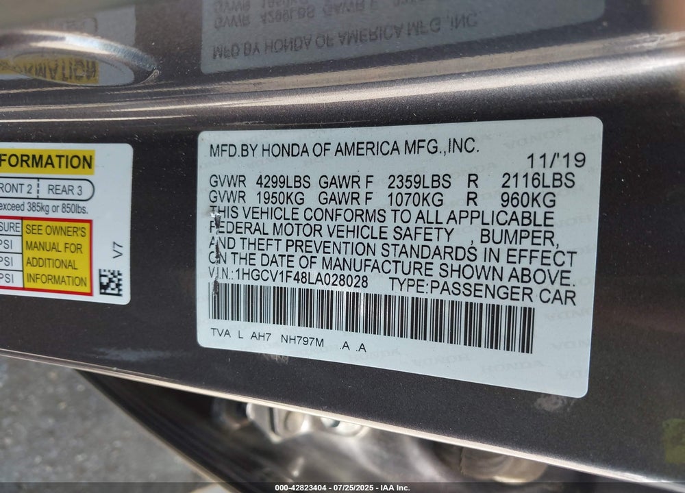 2020 HONDA ACCORD VIN: 1HGCV1F48LA028028