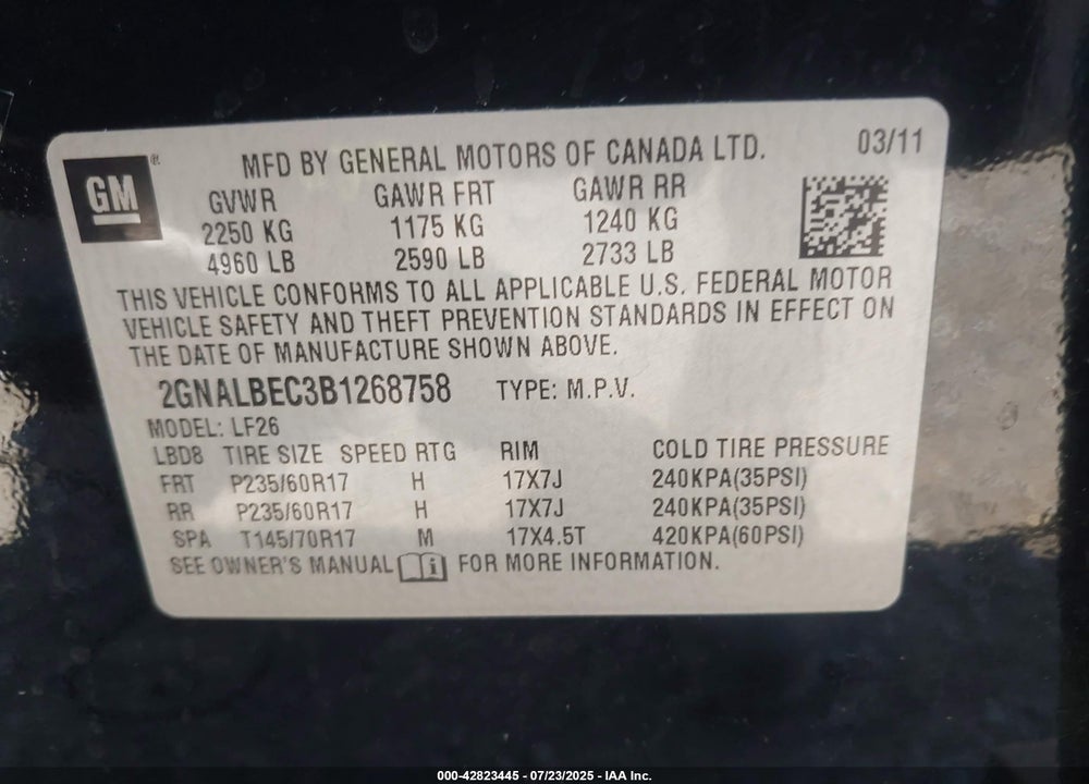 2011 CHEVROLET EQUINOX VIN: 2GNALBEC3B1268758