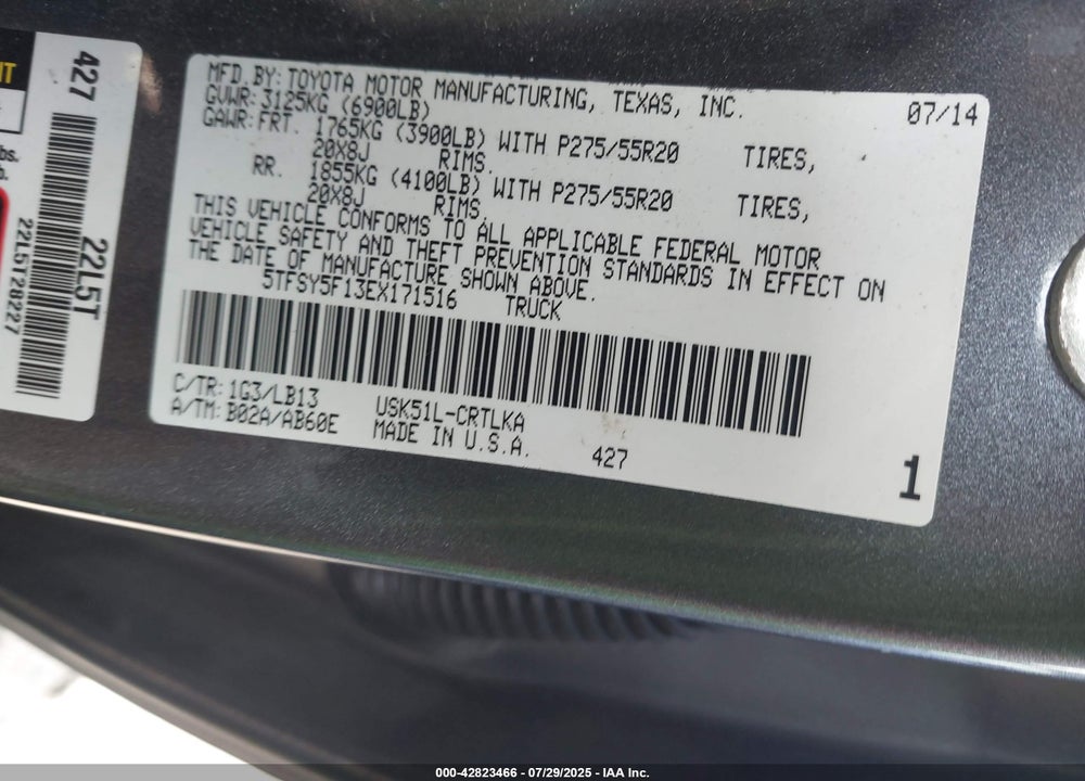 2014 TOYOTA TUNDRA VIN: 5TFSY5F13EX171516