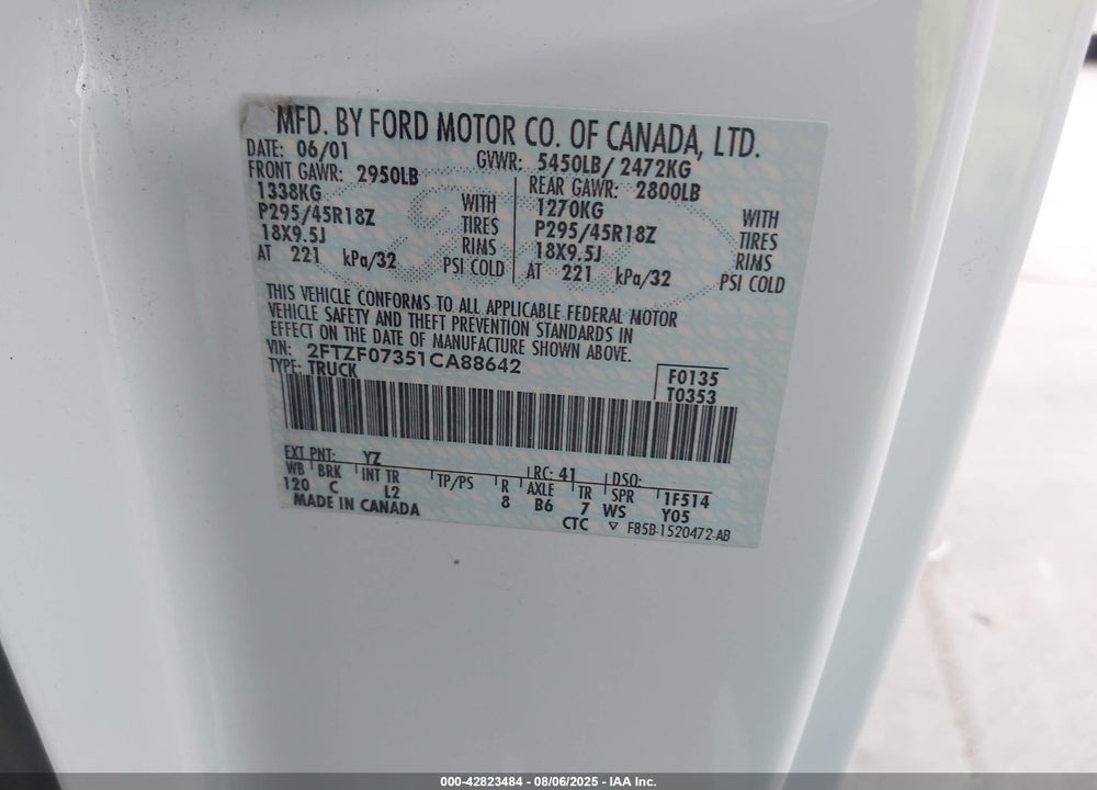 2001 FORD F-150 SVT LIGHTNING VIN: 2FTZF07351CA88642