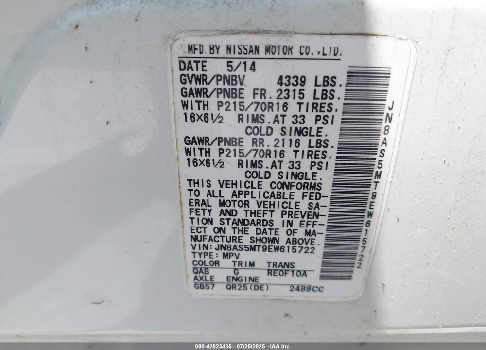2014 NISSAN ROGUE SELECT S VIN: JN8AS5MT9EW615722