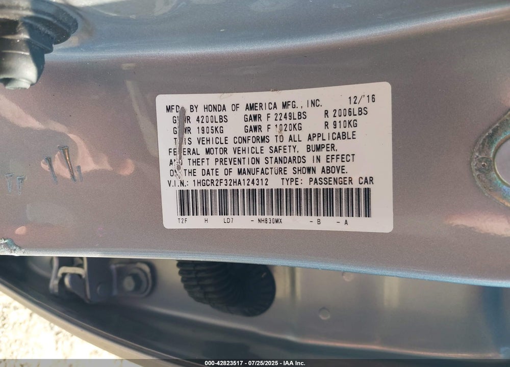 2017 HONDA ACCORD VIN: 1HGCR2F32HA124312