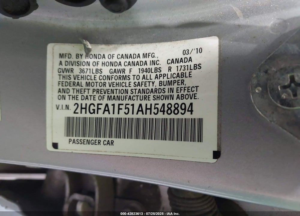 2010 HONDA CIVIC VIN: 2HGFA1F51AH548894