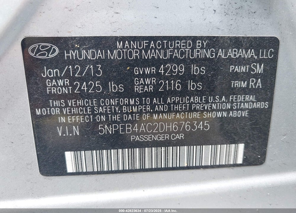 2013 HYUNDAI SONATA VIN: 5NPEB4AC2DH676345
