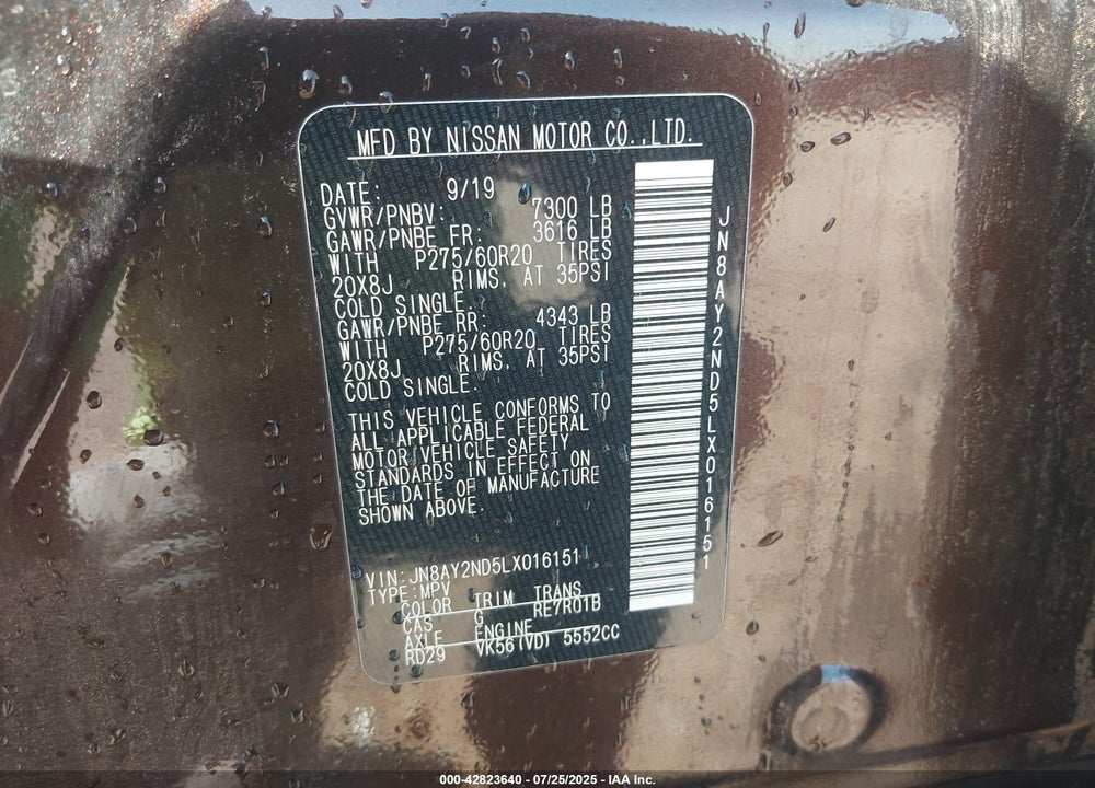 2020 NISSAN ARMADA VIN: JN8AY2ND5LX016151
