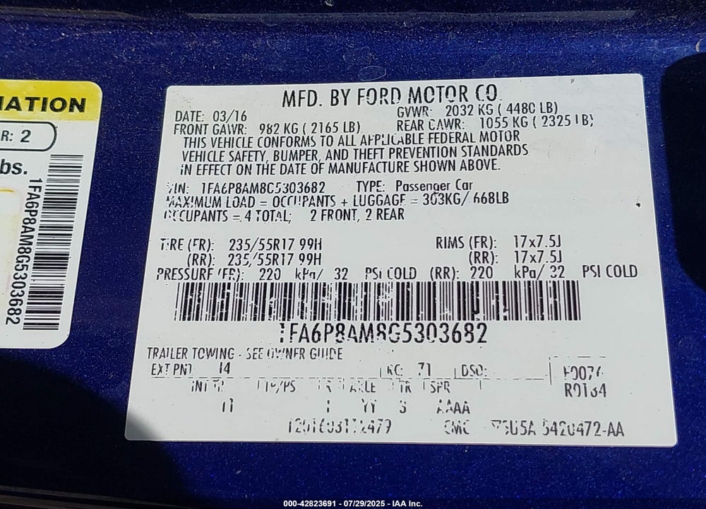 2016 FORD MUSTANG V6 VIN: 1FA6P8AM8G5303682