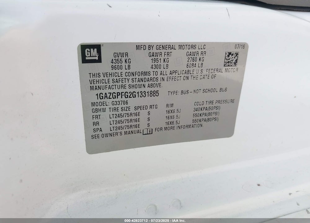2016 CHEVROLET EXPRESS 3500 LT VIN: 1GAZGPFG2G1331885