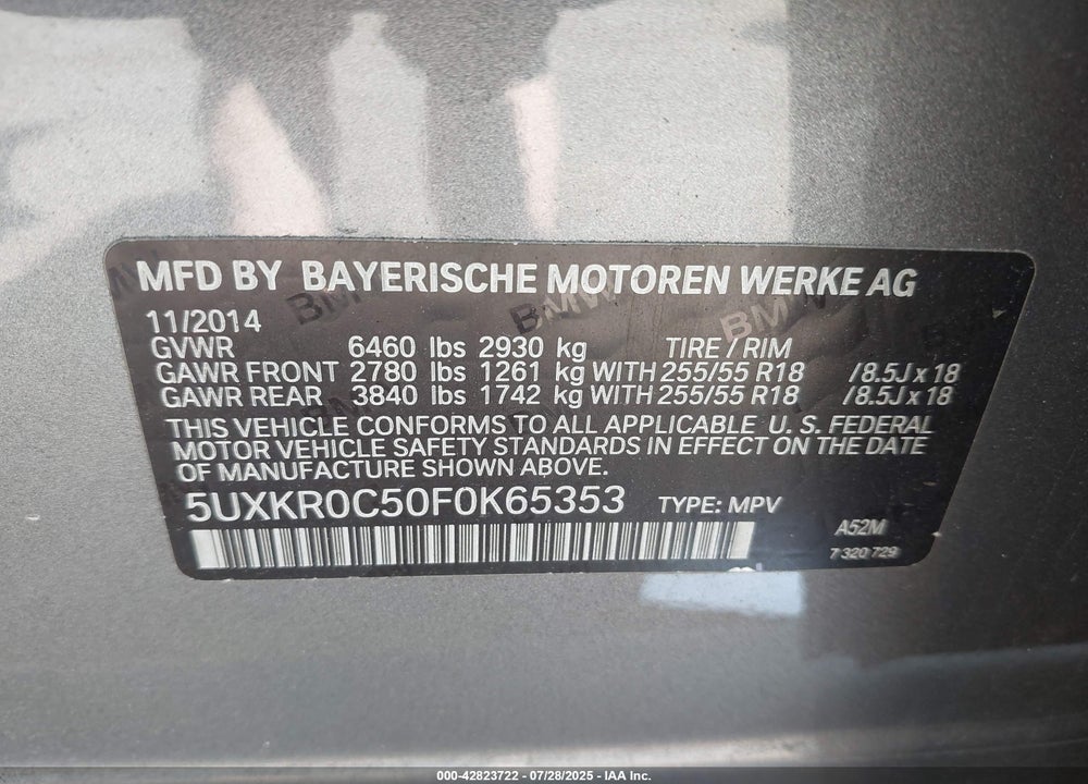 2015 BMW X5 XDRIVE35I VIN: 5UXKR0C50F0K65353