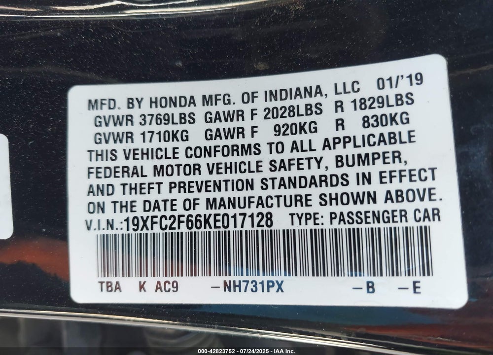 2019 HONDA CIVIC VIN: 19XFC2F66KE017128