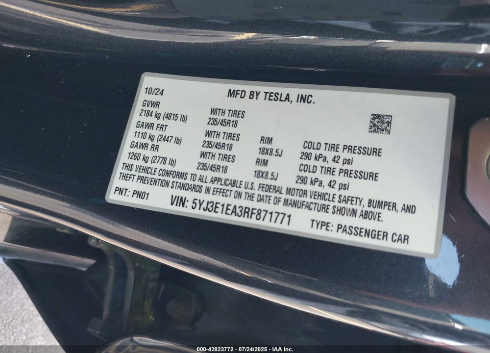 2024 TESLA MODEL 3 VIN: 5YJ3E1EA3RF871771