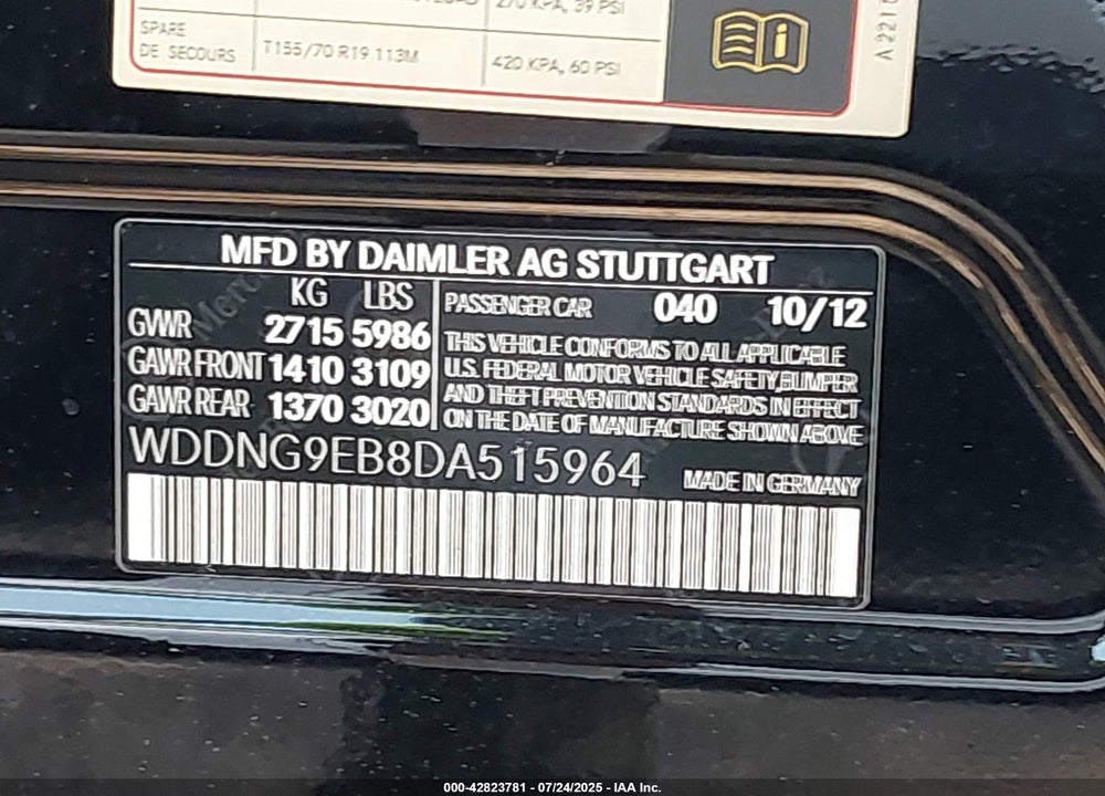2013 MERCEDES-BENZ S CLASS VIN: WDDNG9EB8DA515964