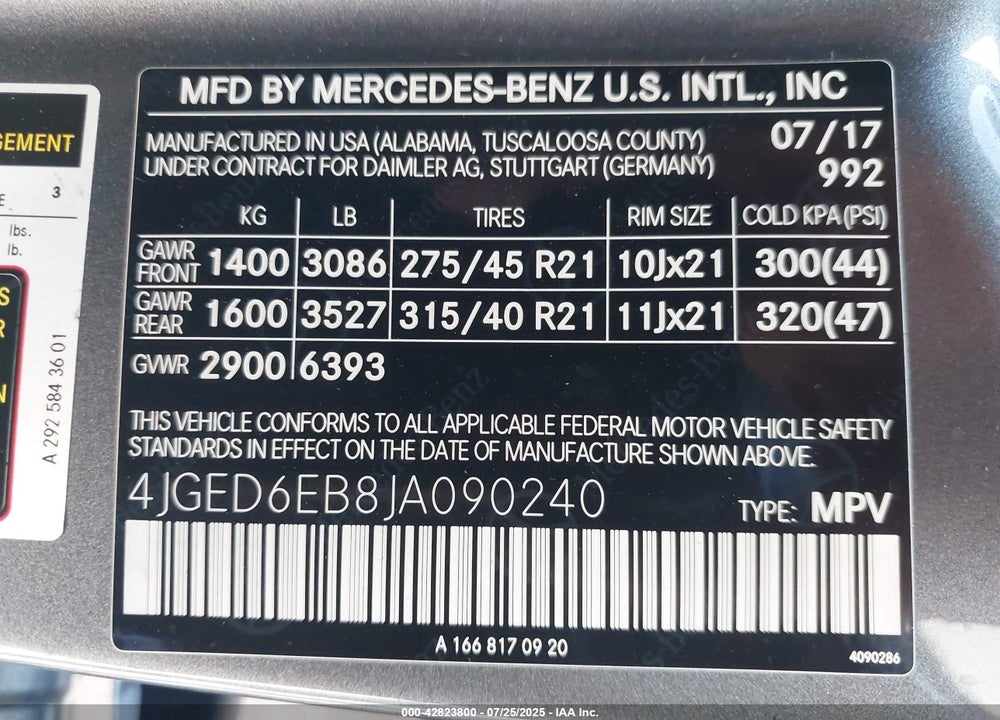 2018 MERCEDES-BENZ GLE CLASS VIN: 4JGED6EB8JA090240