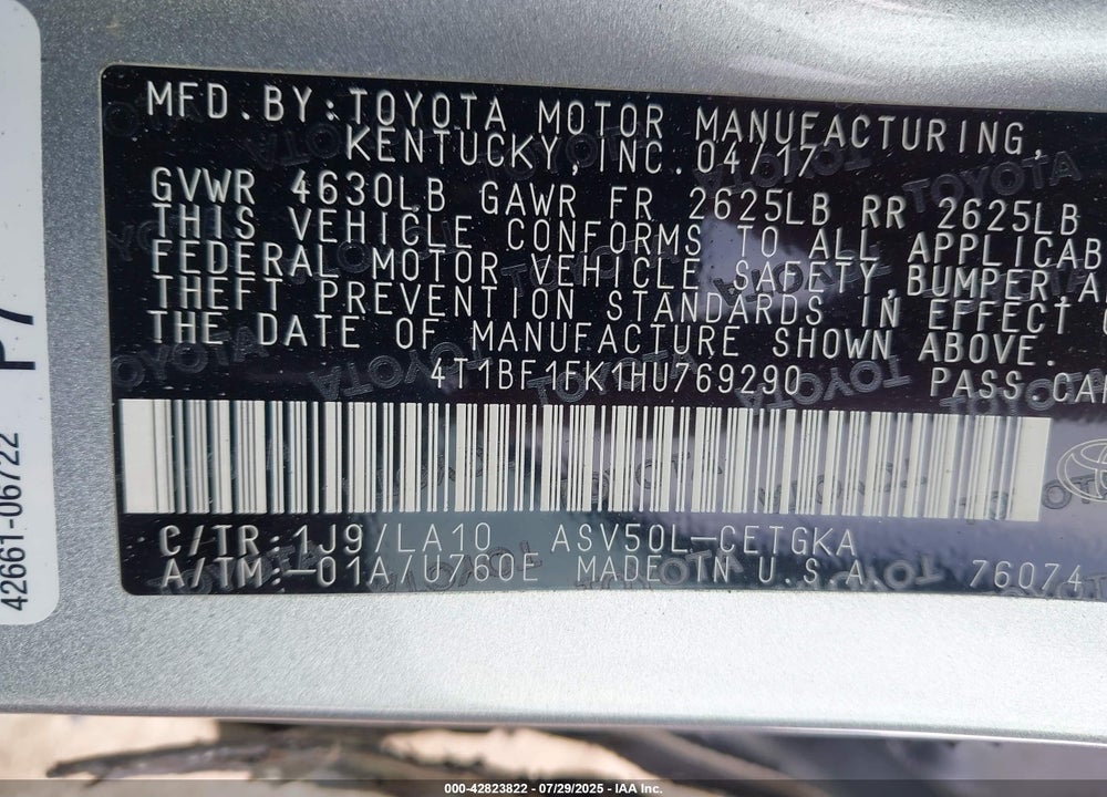 2017 TOYOTA CAMRY VIN: 4T1BF1FK1HU769290