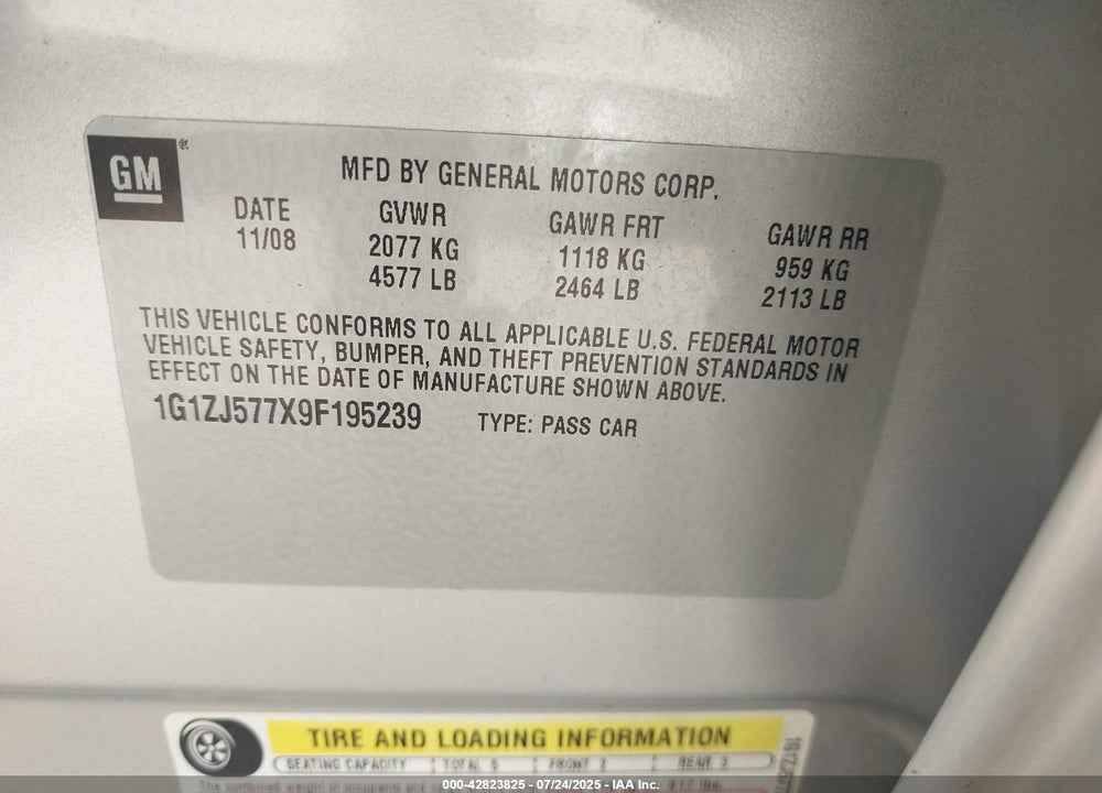 2009 CHEVROLET MALIBU VIN: 1G1ZJ577X9F195239