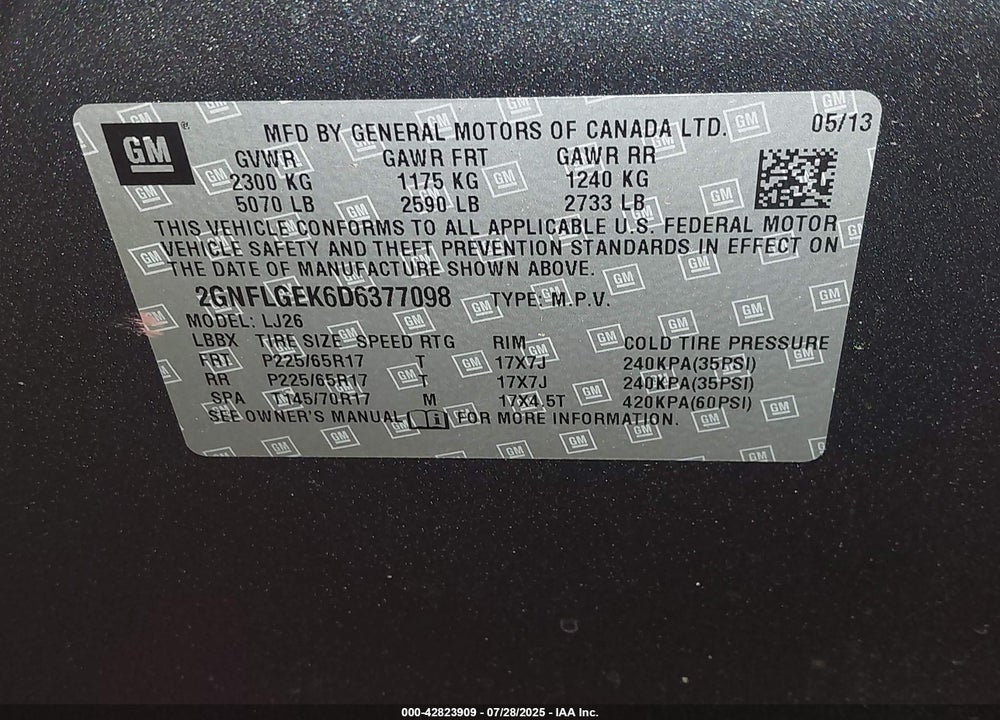 2013 CHEVROLET EQUINOX VIN: 2GNFLGEK6D6377098