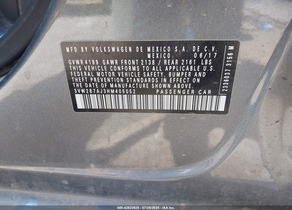 2017 VOLKSWAGEN JETTA VIN: 3VW2B7AJ3HM405052
