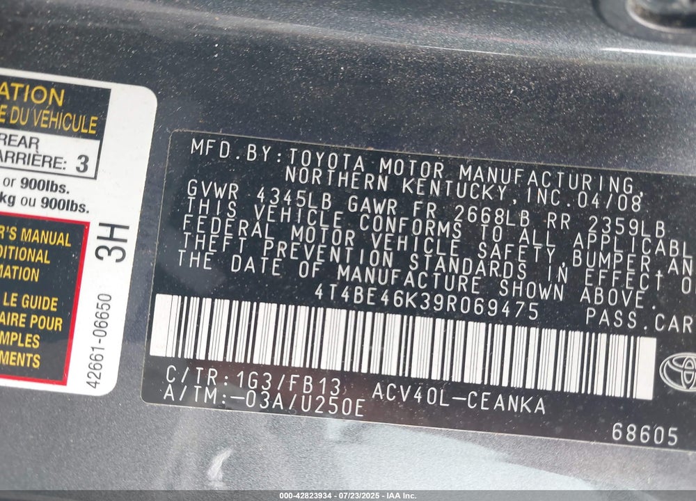 2009 TOYOTA CAMRY VIN: 4T4BE46K39R069475