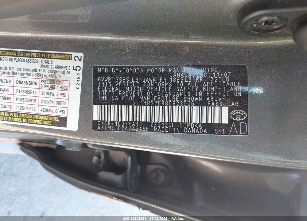2008 TOYOTA COROLLA VIN: 2T1BR32E98C923006