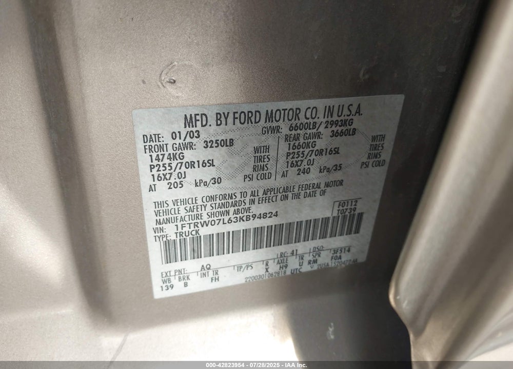 2003 FORD F-150 VIN: 1FTRW07L63KB94824