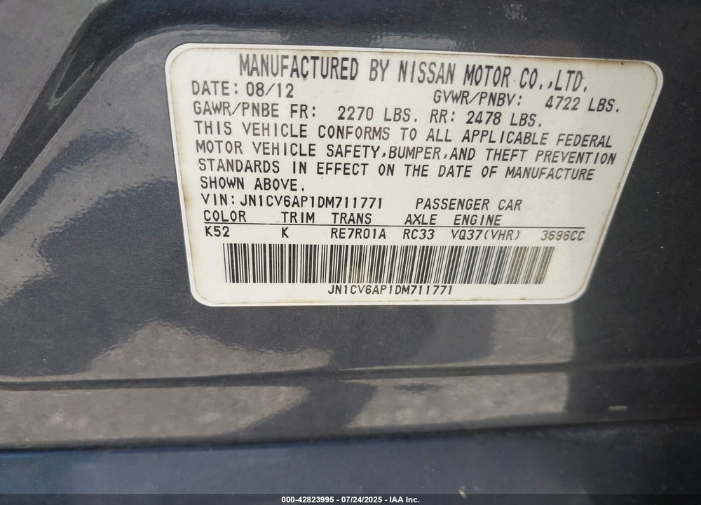2013 INFINITI G37 VIN: JN1CV6AP1DM711771