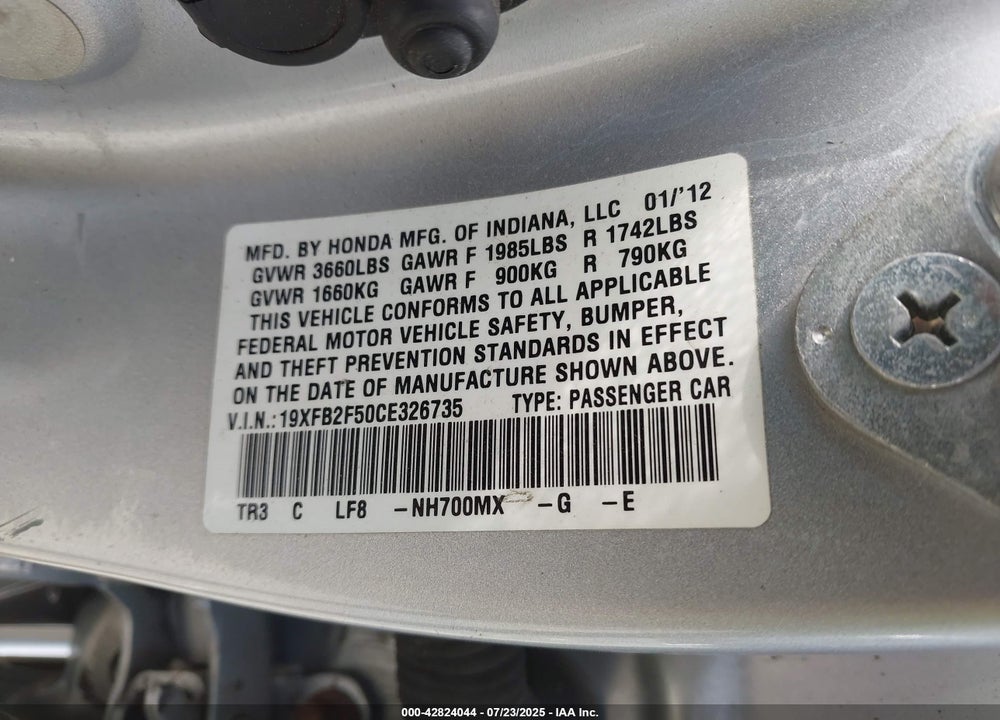 2012 HONDA CIVIC VIN: 19XFB2F50CE326735