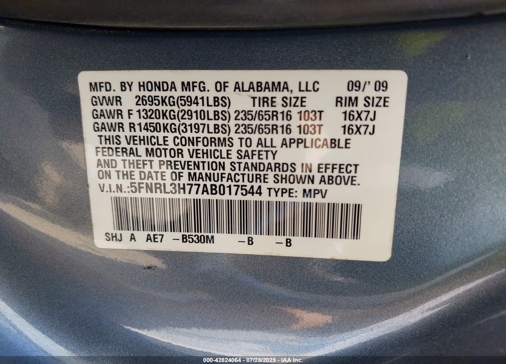 2010 HONDA ODYSSEY VIN: 5FNRL3H77AB017544