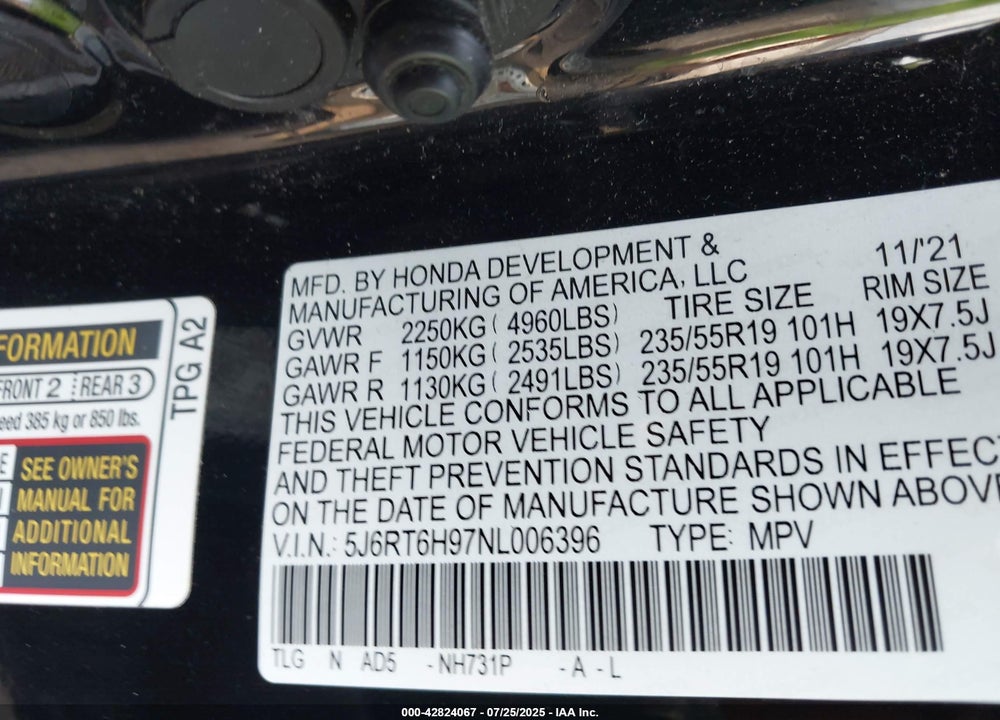 2022 HONDA CR-V HYBRID TOURING VIN: 5J6RT6H97NL006396