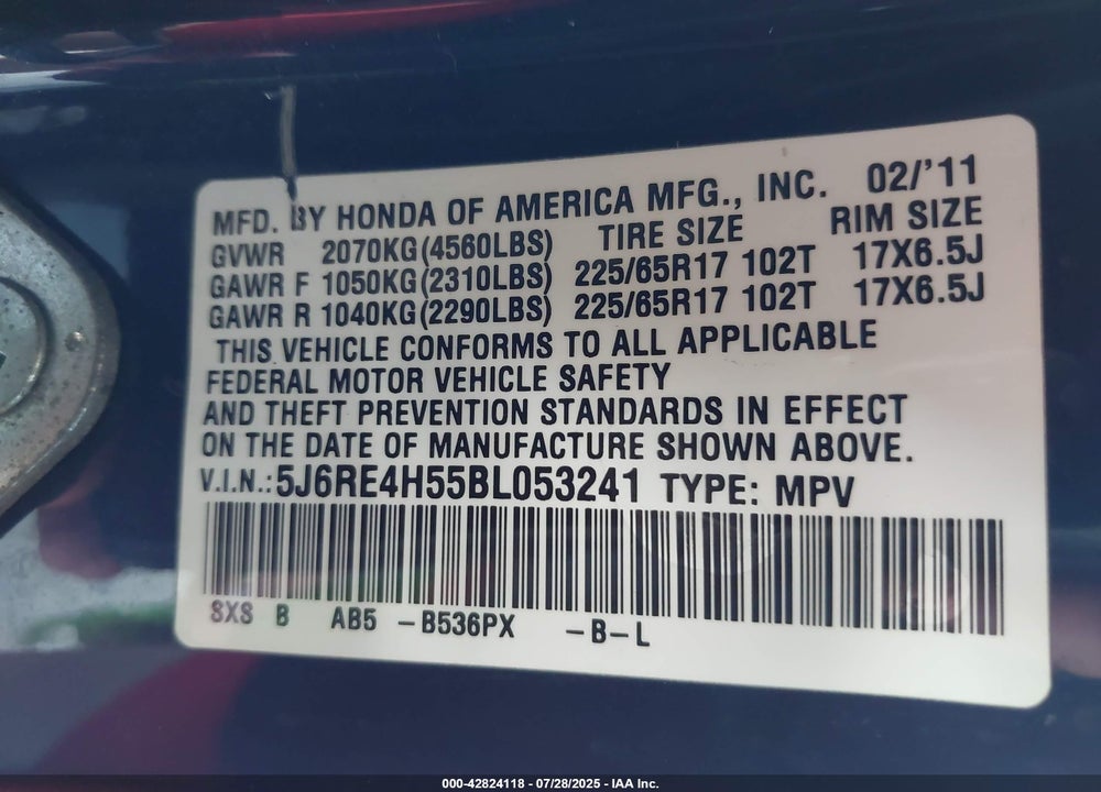 2011 HONDA CR-V VIN: 5J6RE4H55BL053241