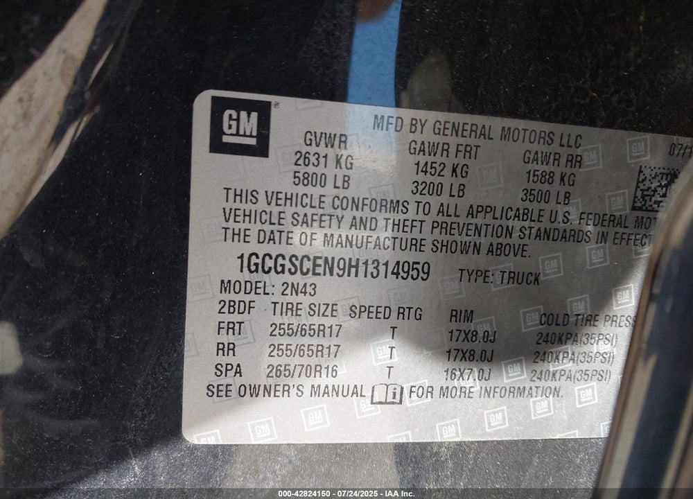 2017 CHEVROLET COLORADO VIN: 1GCGSCEN9H1314959