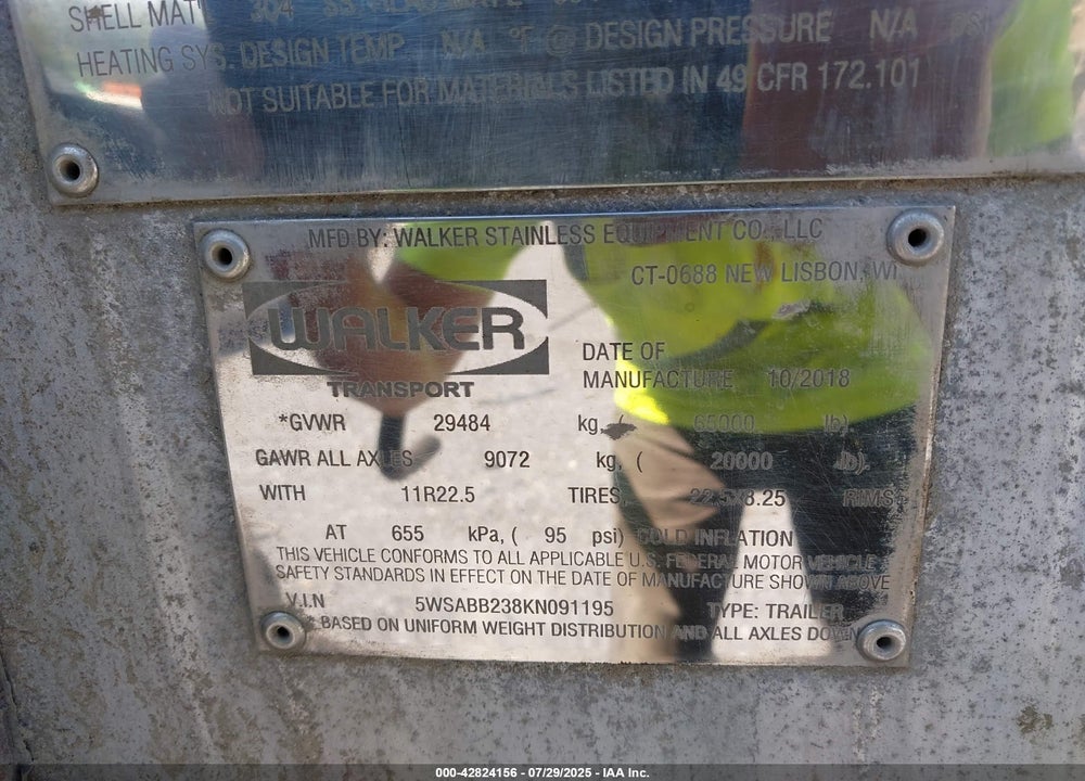 2019 WALKER STAINLESS EQUIP CO TANK SEMI TRAILER VIN: 5WSABB238KN091195