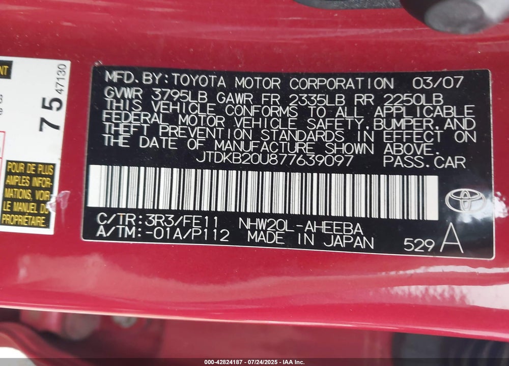 2007 TOYOTA PRIUS VIN: JTDKB20U877639097