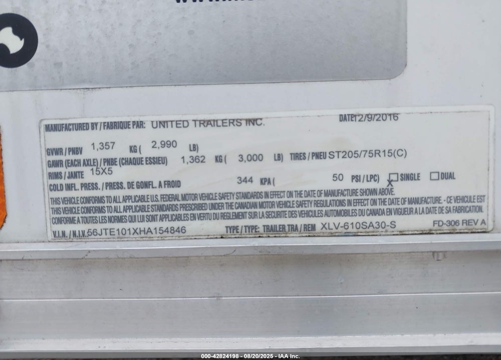 2015 UNITED TRAILER VIN: 56JTE101XHA154846