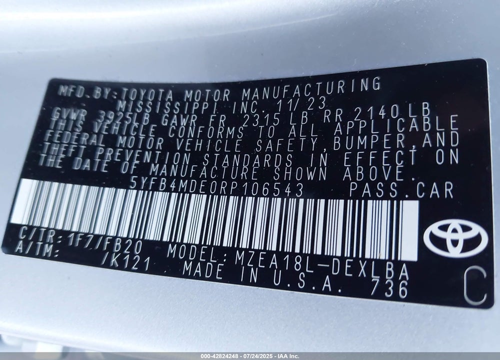 2024 TOYOTA COROLLA VIN: 5YFB4MDE0RP106543