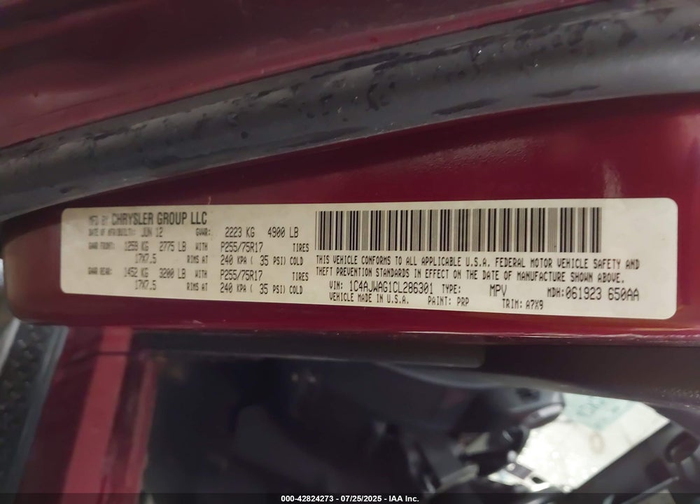 2012 JEEP WRANGLER SPORT VIN: 1C4AJWAG1CL286301