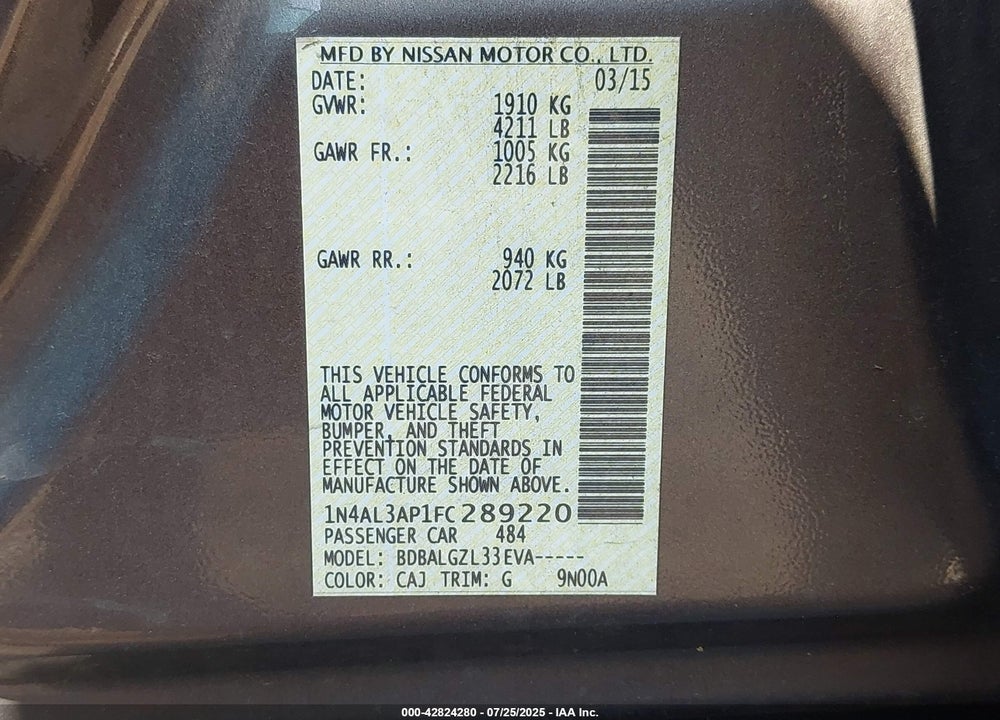2015 NISSAN ALTIMA VIN: 1N4AL3AP1FC289220