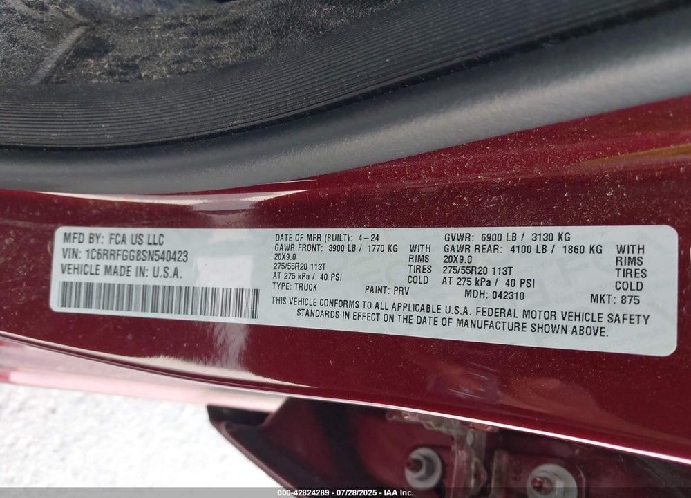 2025 RAM 1500 TRADESMAN 4X4 5'7 BOX VIN: 1C6RRFGG8SN540423
