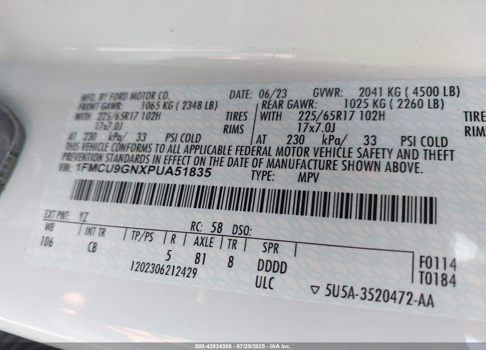2023 FORD ESCAPE VIN: 1FMCU9GNXPUA51835