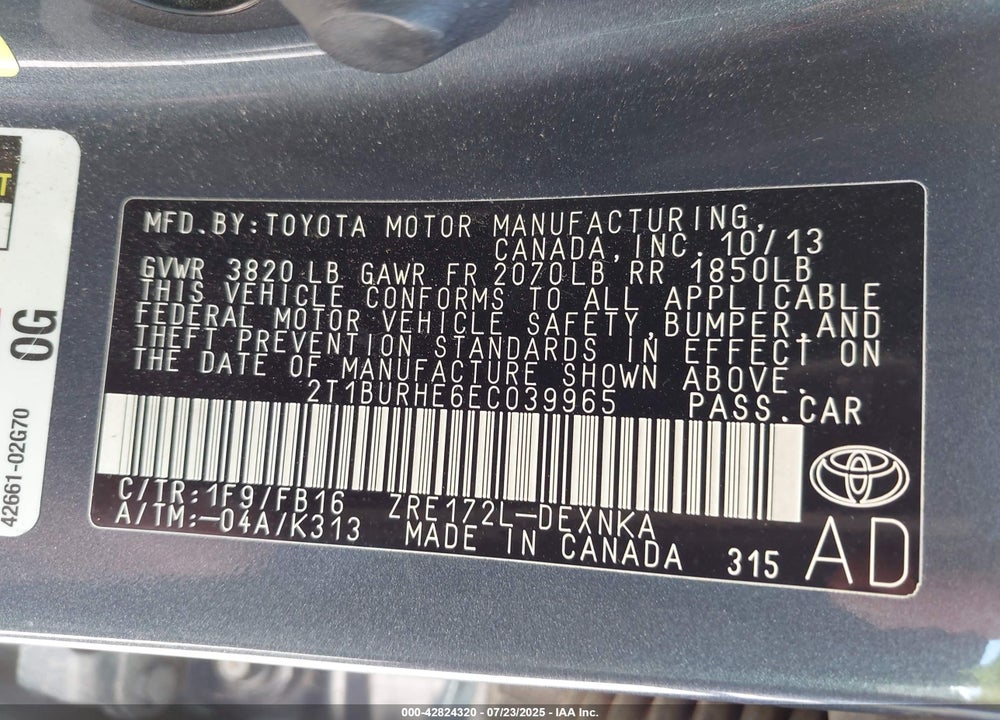 2014 TOYOTA COROLLA VIN: 2T1BURHE6EC039965