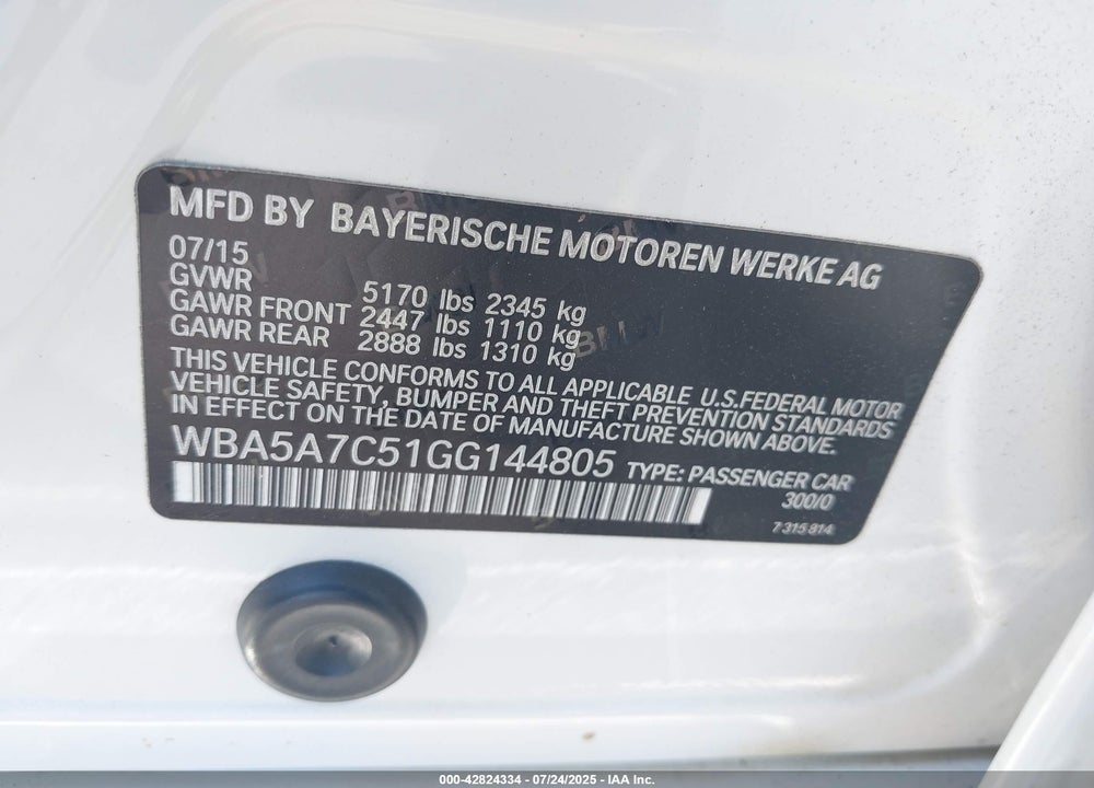 2016 BMW 5 SERIES VIN: WBA5A7C51GG144805